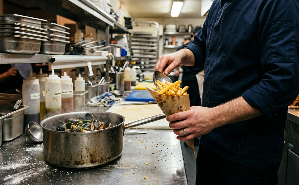 With moules, or alone on the street