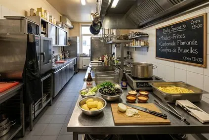 Belgian stew and frites on rustic table